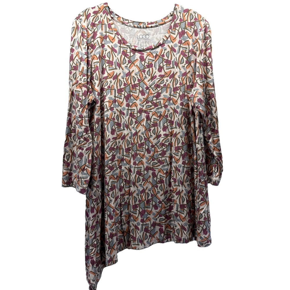 LOGO Lori Goldstein Women's Tunic Top Size Large Asymmetrical Hemline 3/4 Sleeve